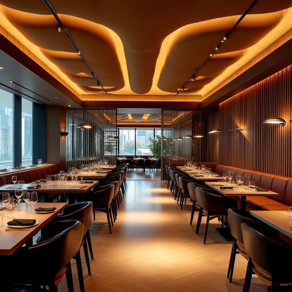 Restaurace s akustickým napínaným stropem