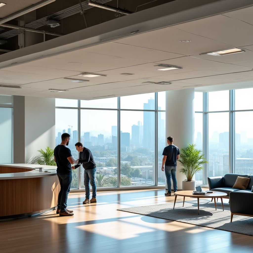 Tým OPTIMUS Ceiling při montáži napínaného stropu